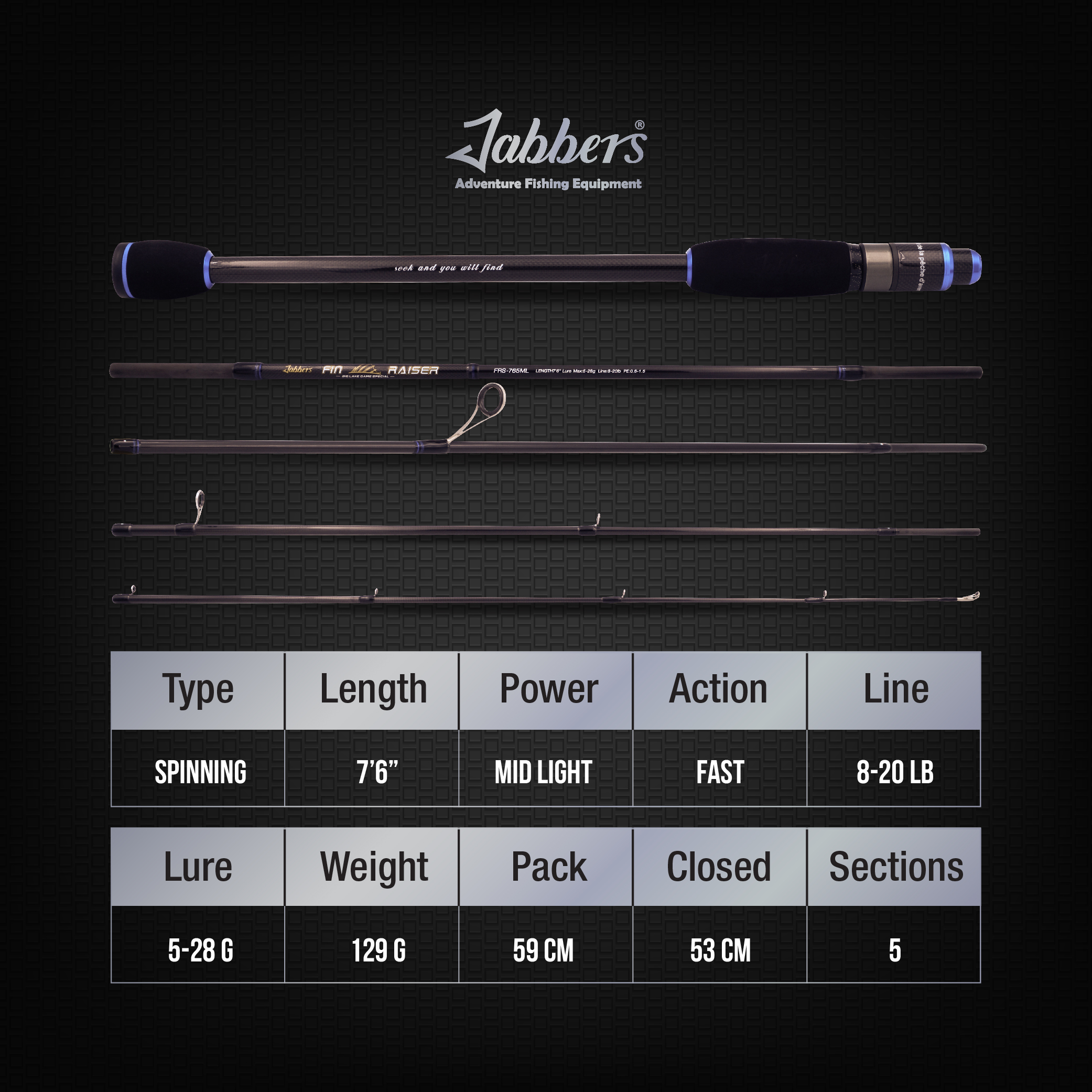 Jabbers Fin Raiser 5pc Travel Rod FRS765ML (Spin) - Big Lake Special - Image 6